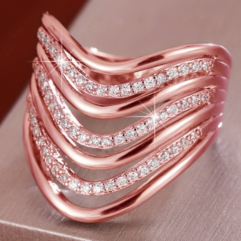 Women's Multi-Layer V-Shaped Synthetic Zirconia Wide Ring, Luxury